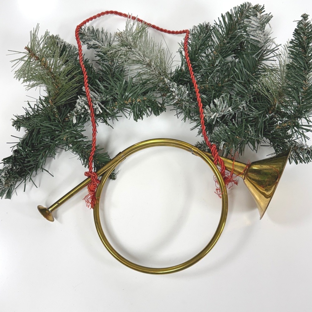 Vintage Brass Bugle French Horn Christmas Ornament Red Cord Hanging Decor 12.5"